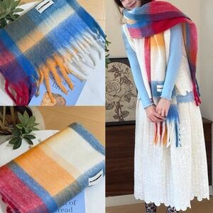 Colorblock Fringe Scarf - Blue, Red, Orange, Cream